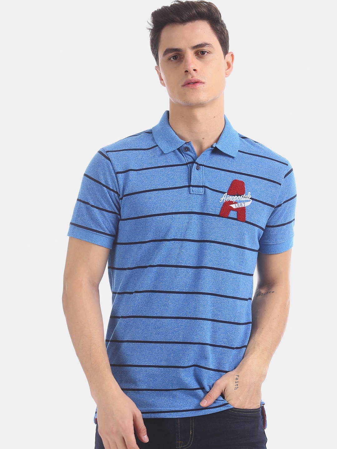 

Aeropostale Men Blue Striped Polo Collar T-shirt