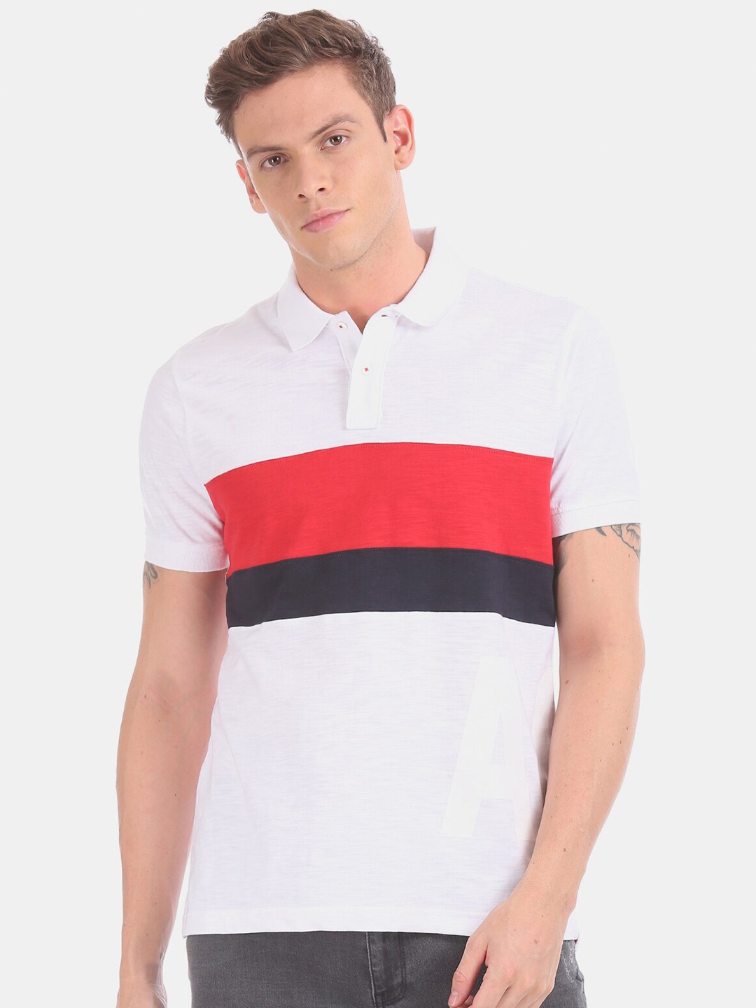 

Aeropostale Men White & Red Colourblocked Polo Collar T-shirt