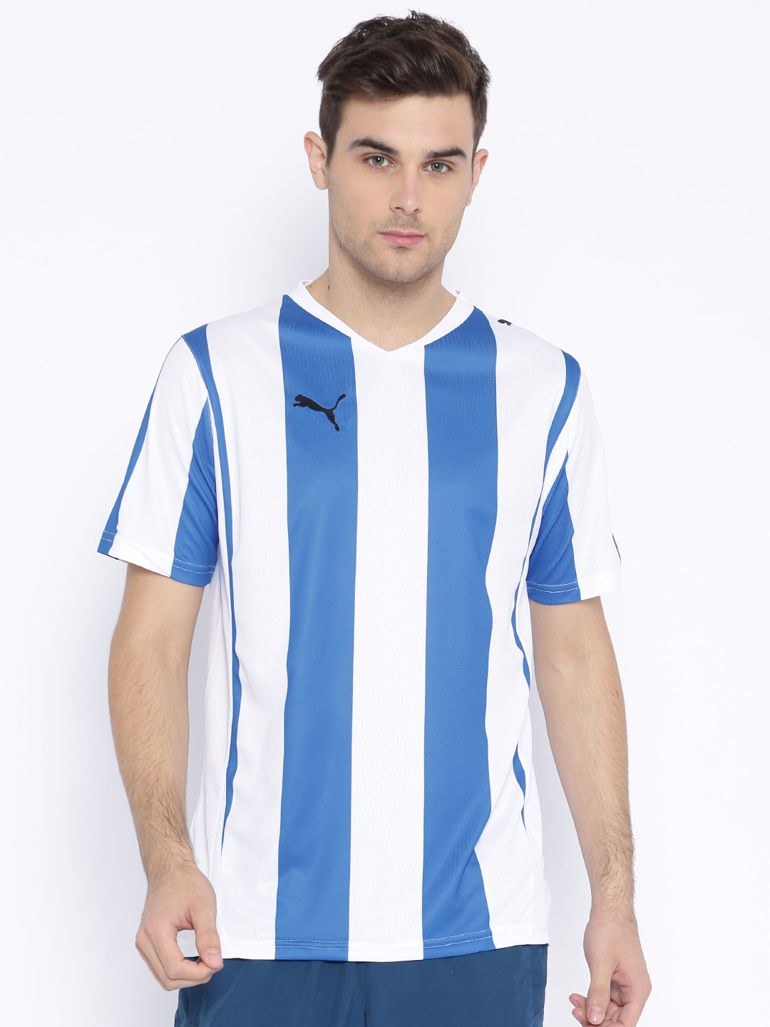 

PUMA White & Blue Striped Polyester T-shirt
