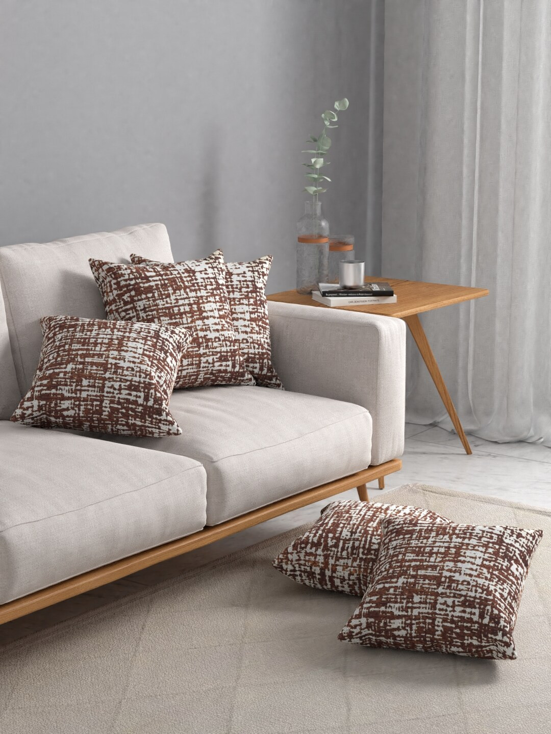 

ROSARA HOME Brown Self Design Set Of 5 Jacquard Square Cushion Covers
