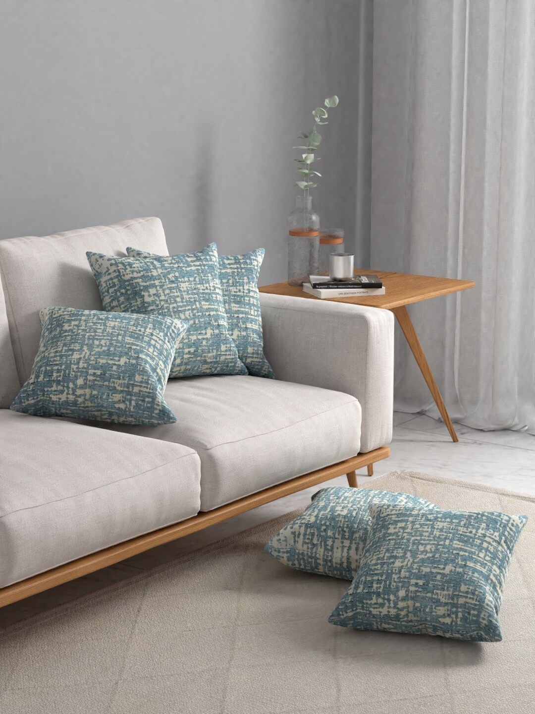 

ROSARA HOME Blue Self Design Set Of 5 Jacquard Square Cushion Covers, Teal
