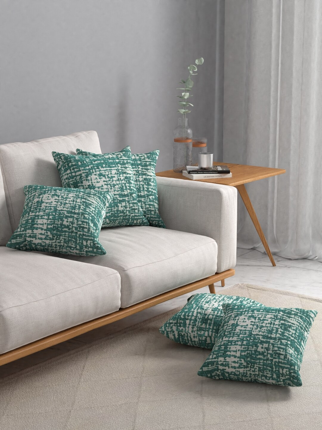 

ROSARA HOME Green Self Design Set Of 5 Jacquard Square Cushion Covers, Teal