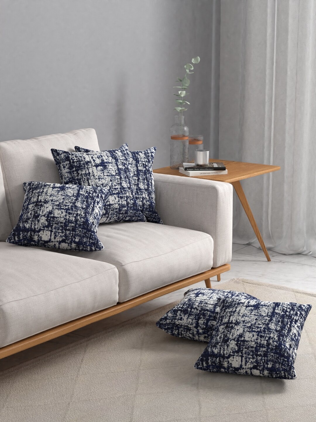 

ROSARA HOME Navy Blue Self Design Set Of 5 Jacquard Square Cushion Covers