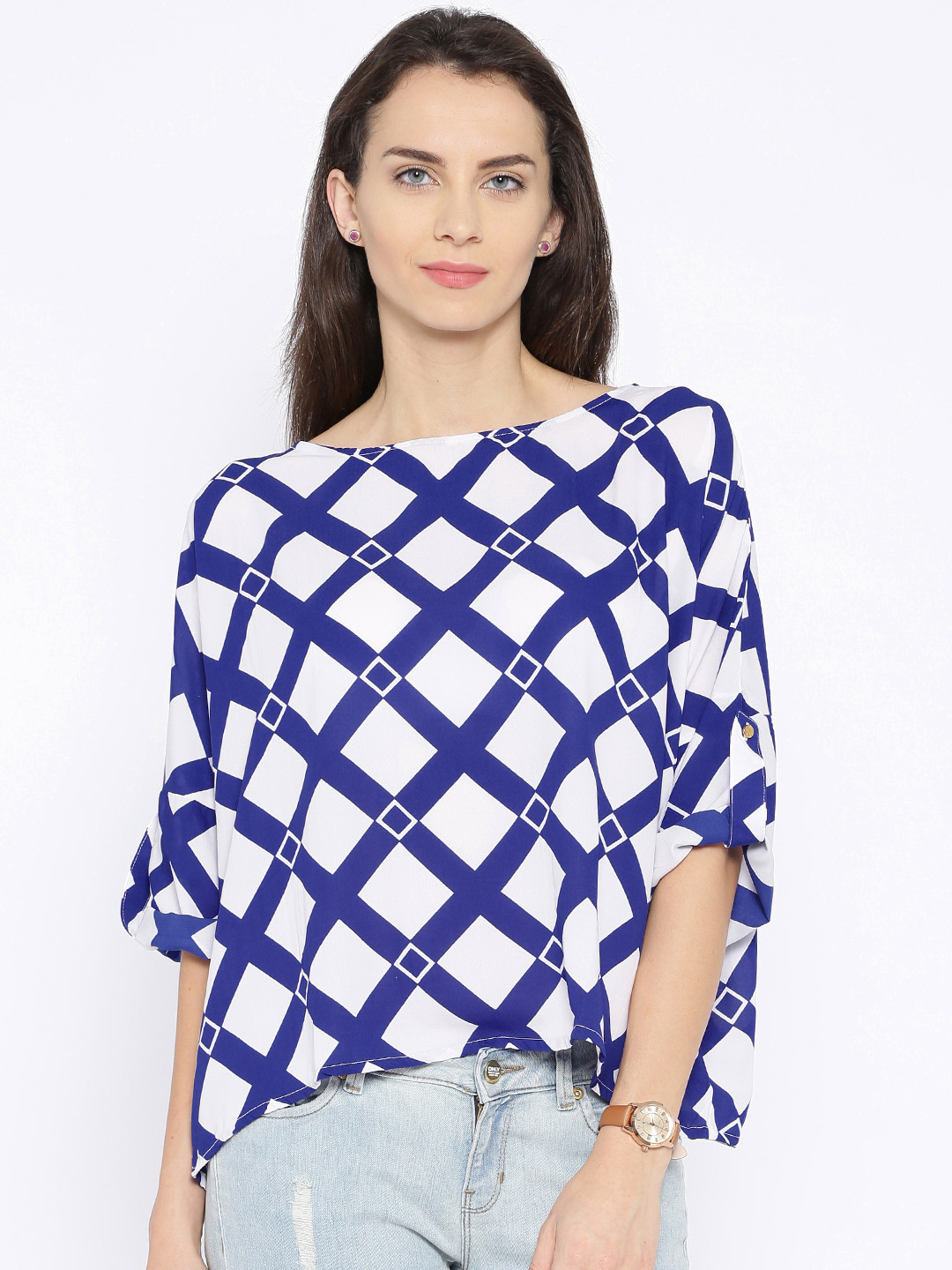 

Tokyo Talkies Blue & White Printed Georgette Boxy Top