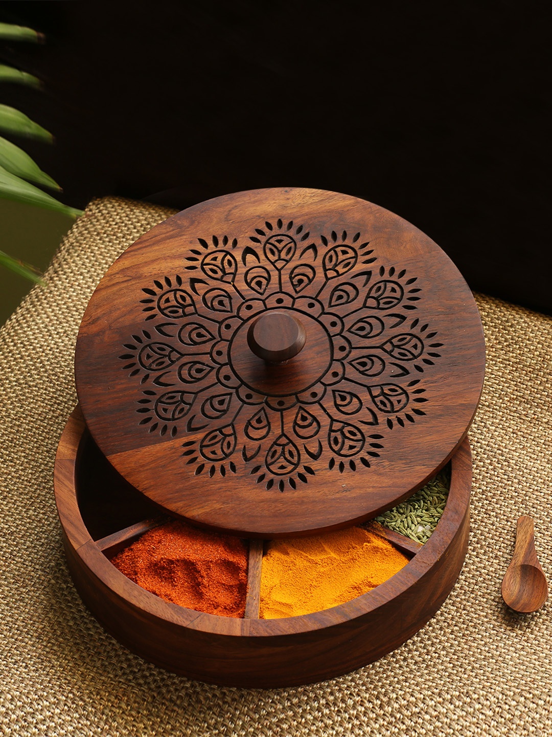 

ExclusiveLane The Dancing Peacock Hand-Carved Wooden Spice Box With Spoon, Brown