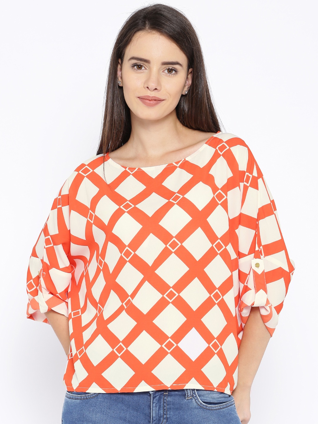 

Tokyo Talkies Orange & White Printed Georgette Boxy Top