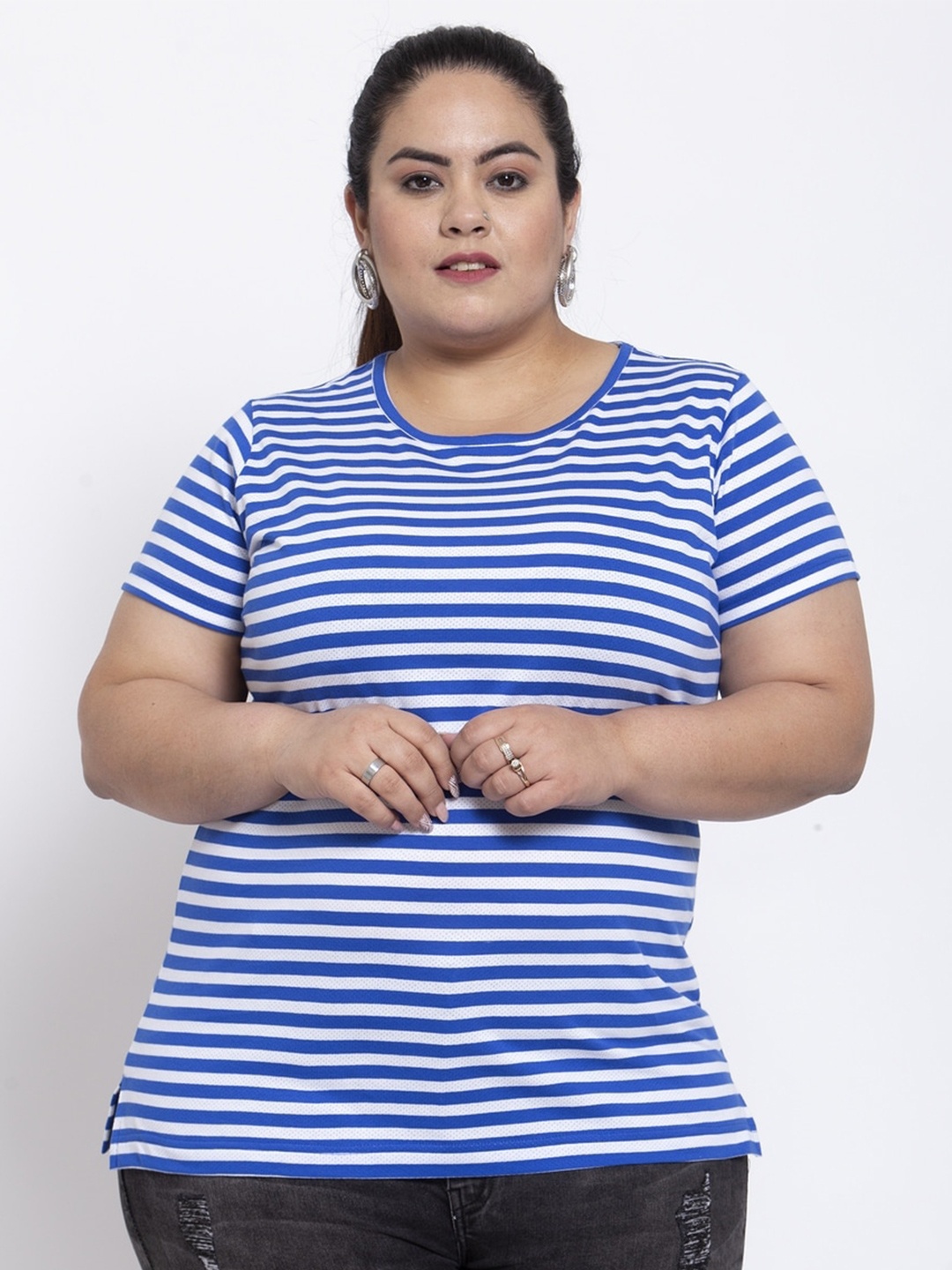 

plusS Women Plus Size Blue & White Striped Round Neck Cotton T-shirt