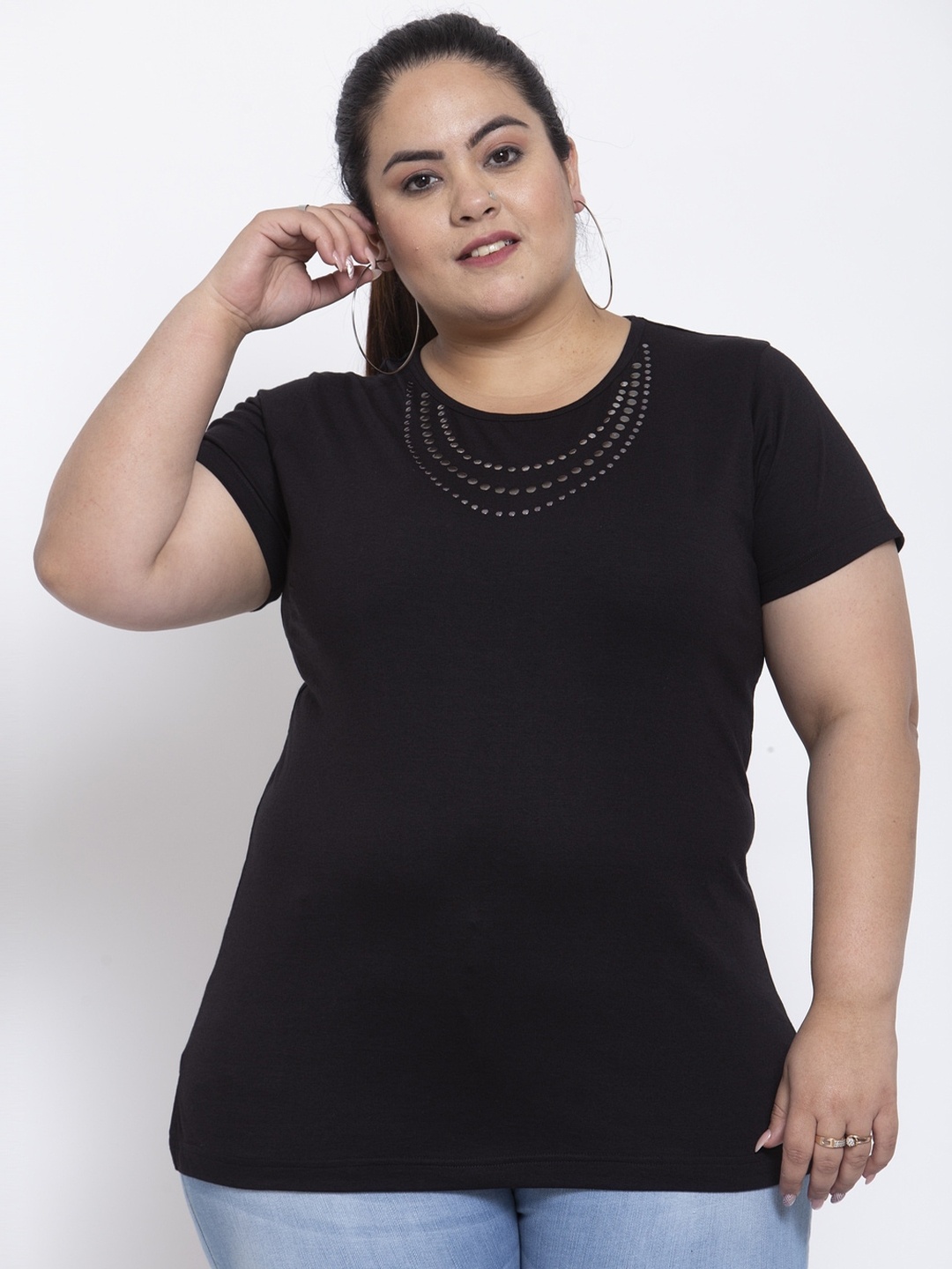 

plusS Women Plus Size Black Solid Round Neck Cotton T-shirt with Embellished Detail