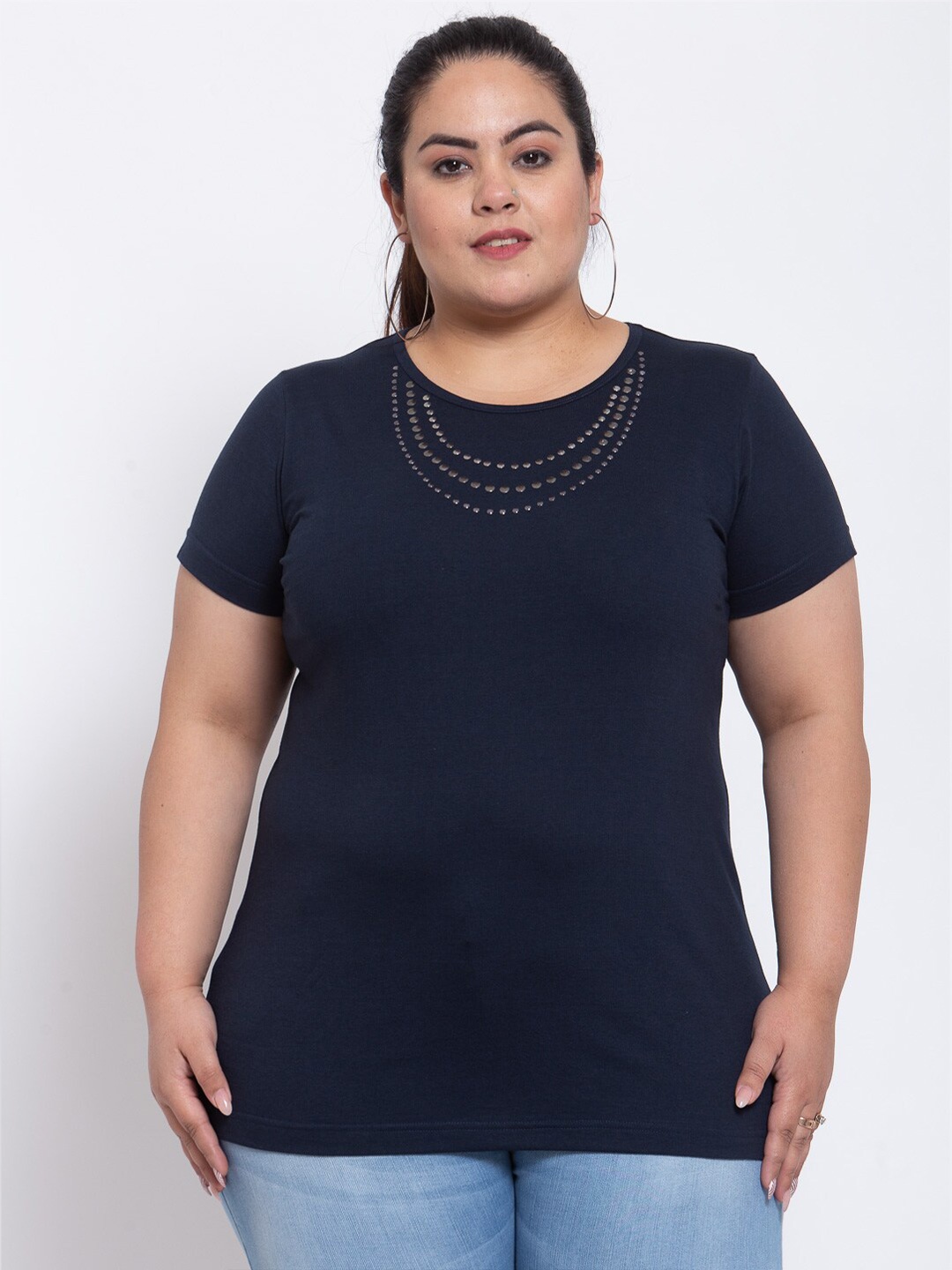 

plusS Women Plus Size Navy Blue Solid Round Neck Cotton T-shirt with Embellished Detail