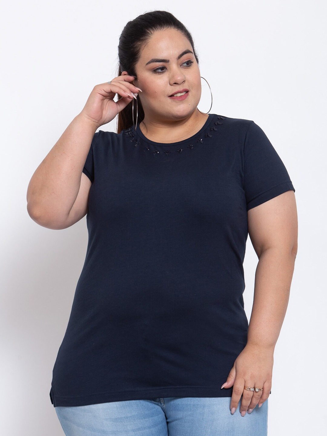 

plusS Women Plus Size Navy Blue Solid Round Neck Cotton T-shirt with Embellished Detail