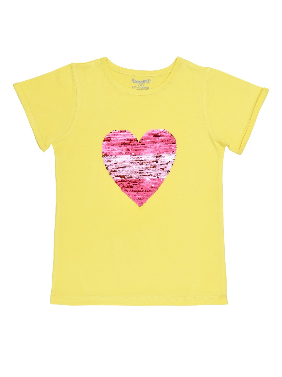 

FUNKRAFTS Girls Yellow & Pink Heart Flip Sequinned Round Neck Cotton T-shirt