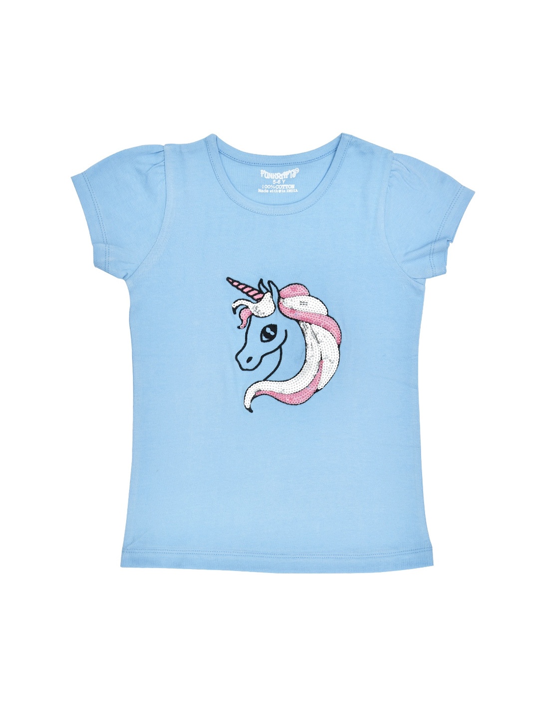 

FUNKRAFTS Girls Blue Unicorn Sequinned Round Neck Cotton T-shirt