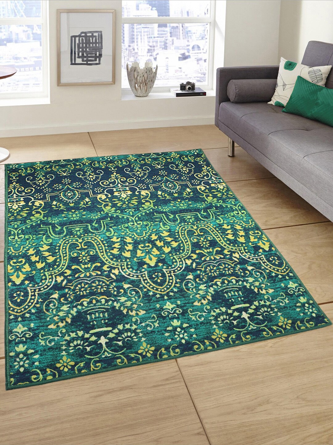 

Status Teal Green & Yellow Ethnic Motifs Printed Anti-Skid Light Carpet