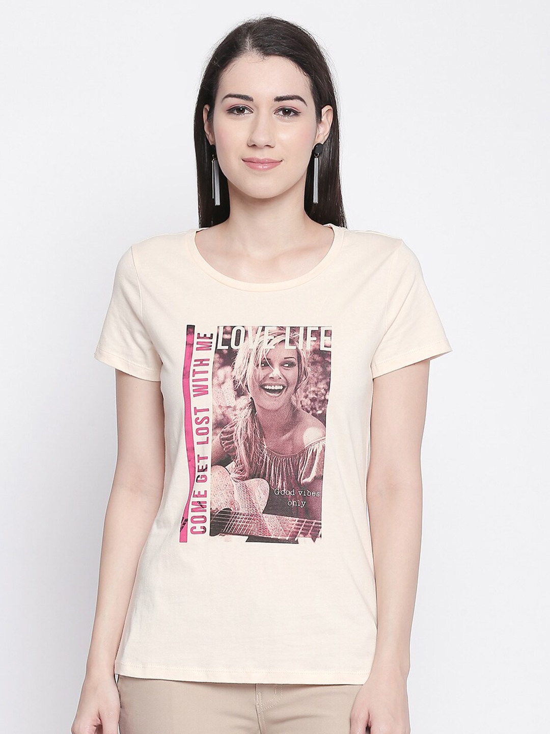 

Honey by Pantaloons Women Beige Printed Round Neck T-shirt