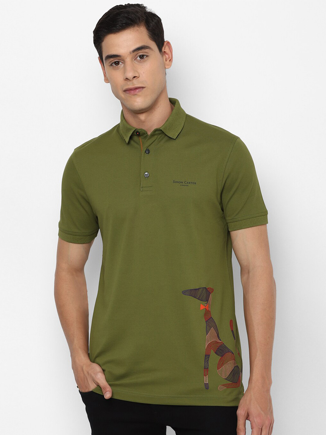 

SIMON CARTER LONDON Men Olive Green Printed Polo Collar T-shirt