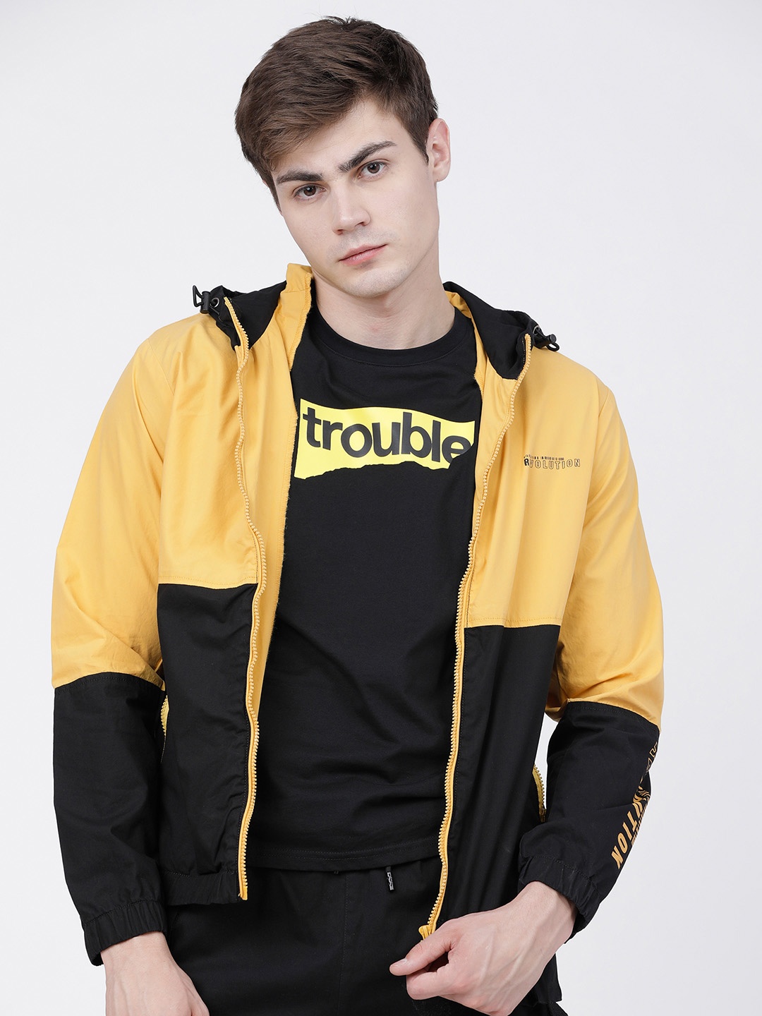 

LOCOMOTIVE Men Yellow & Black Colourblocked Hooded Tailored Cotton Jacket