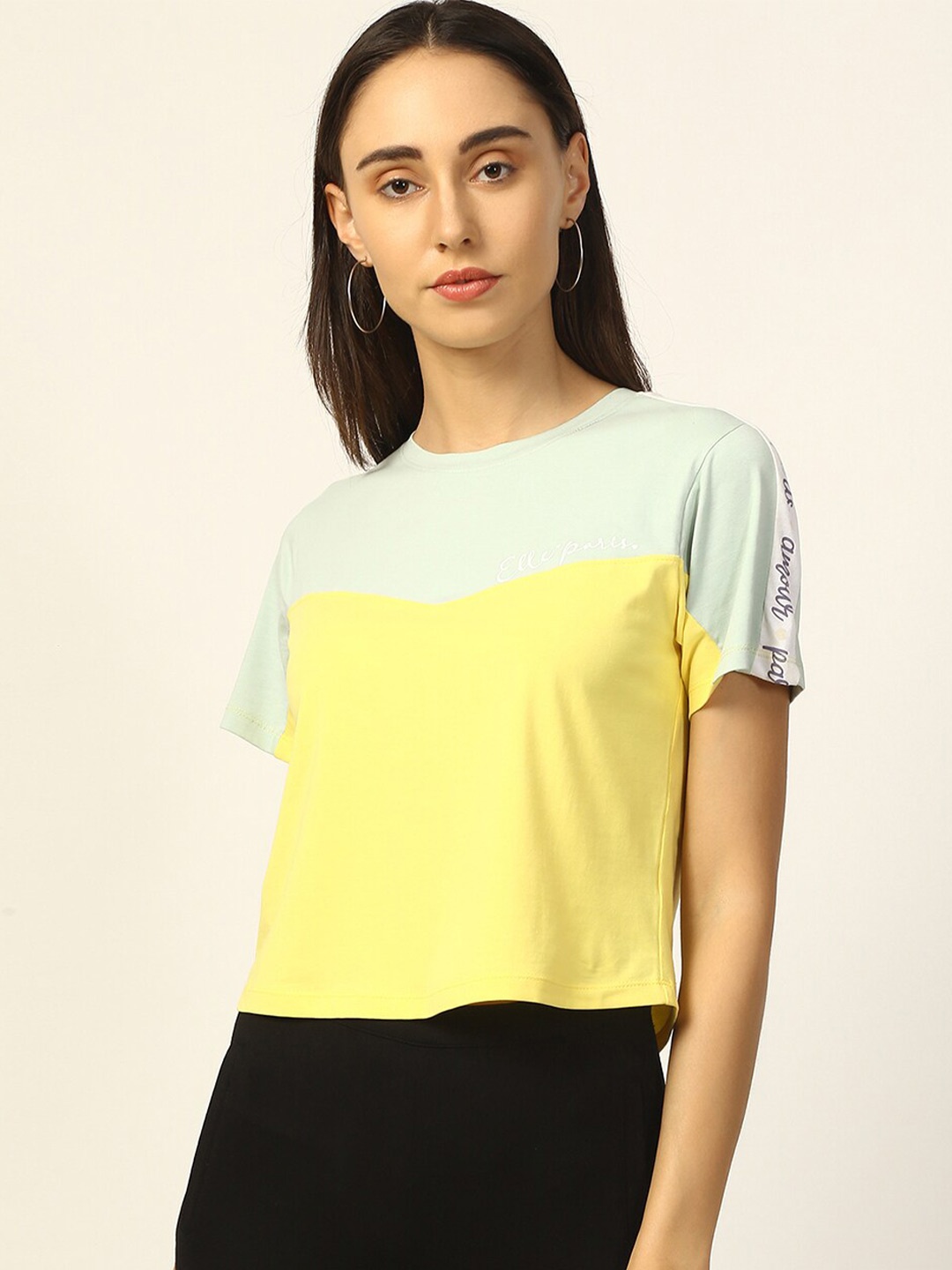 

ELLE Women Yellow Colourblocked Boat Neck T-shirt