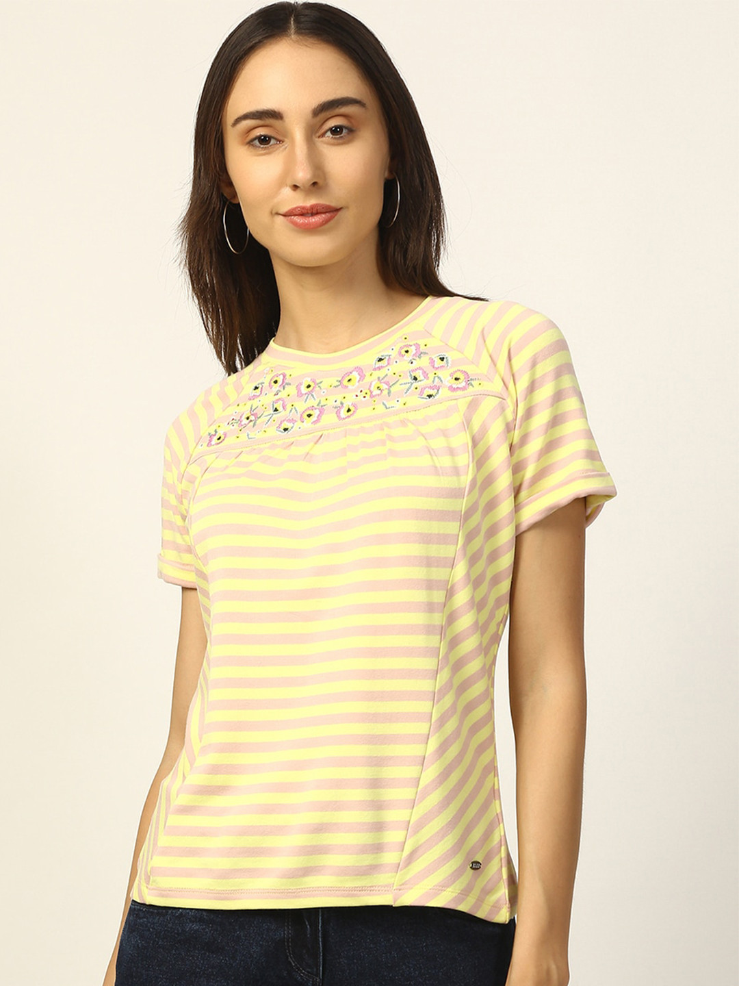 

ELLE Women Yellow Striped Round Neck T-shirt