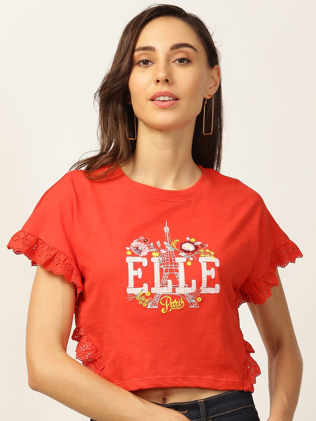 

ELLE Women Coral Solid Round Neck T-shirt