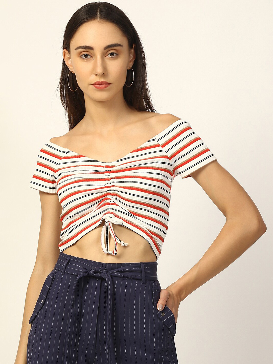 

ELLE Women Multicoloured Striped V-Neck T-shirt, Multi