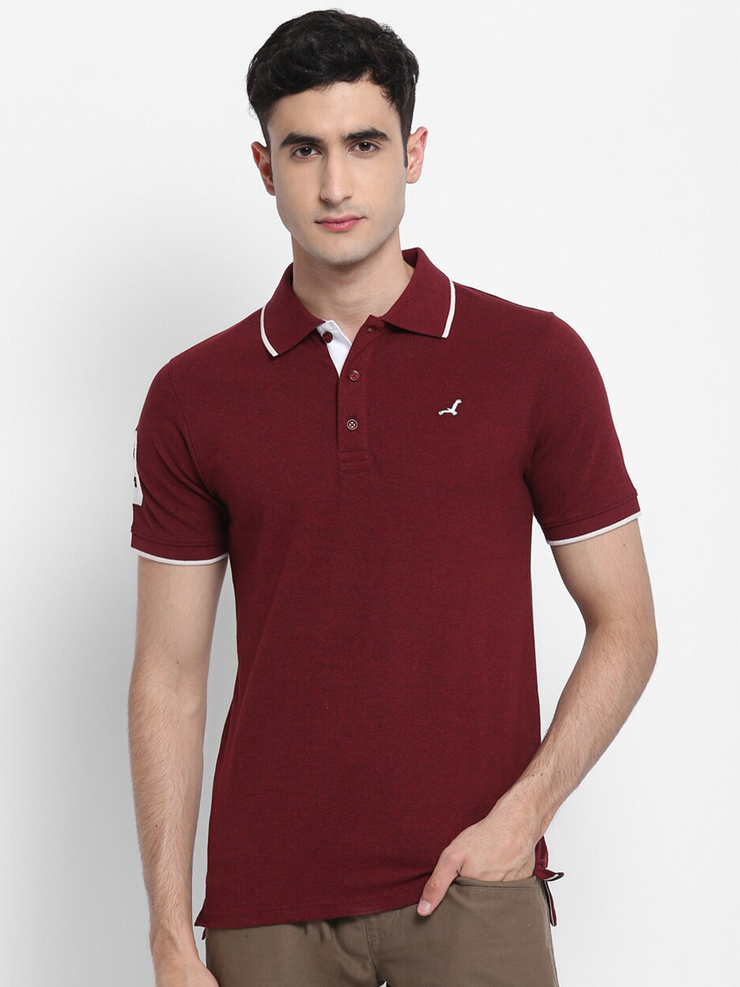 

American Crew Men Burgundy Solid Polo Collar T-shirt