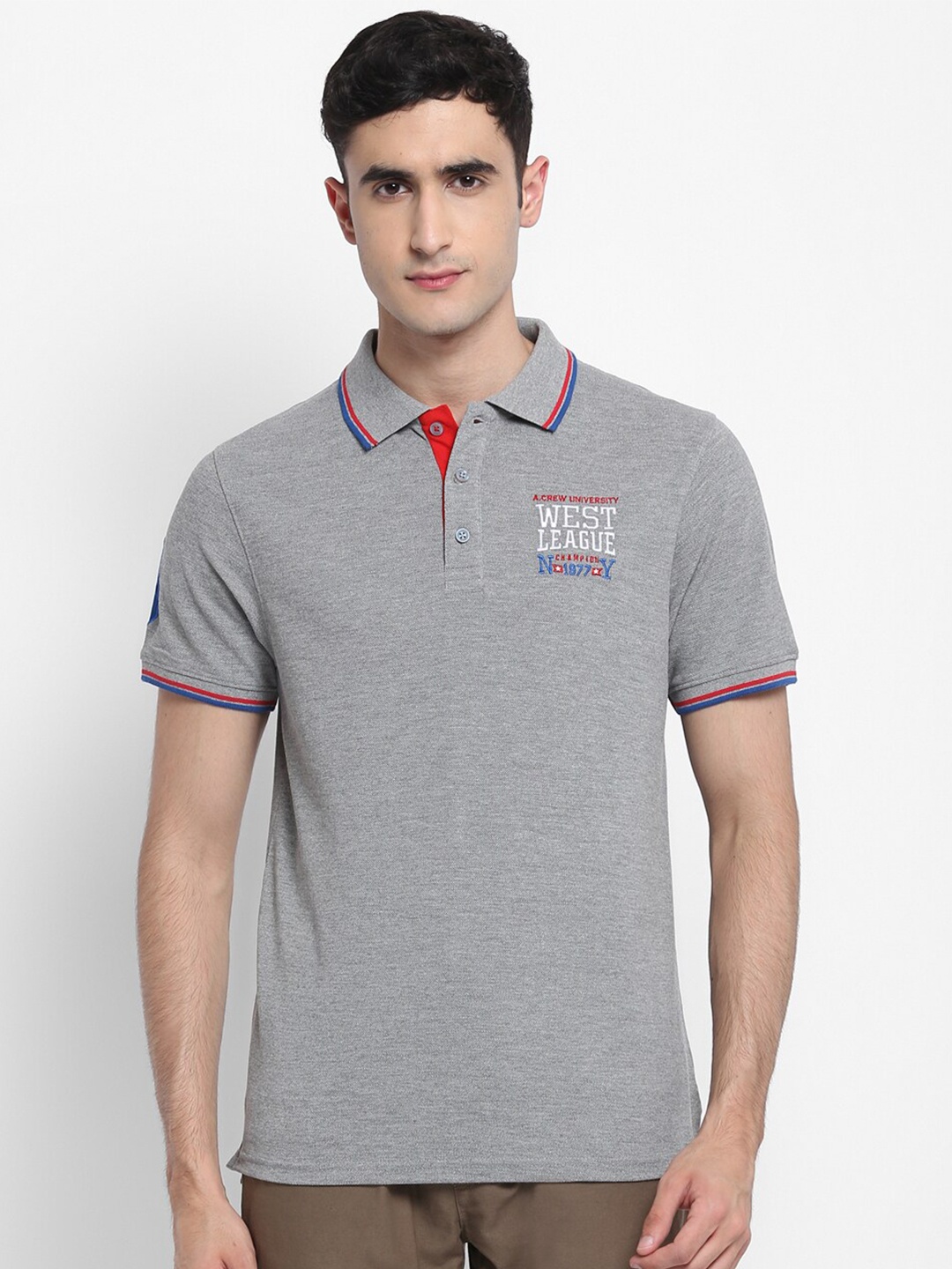 

American Crew Men Grey Solid Polo Collar T-shirt