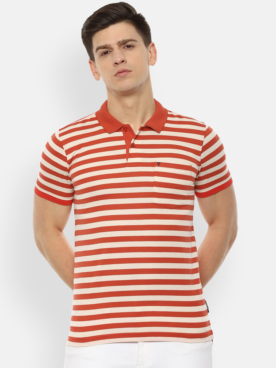 

Van Heusen Sport Men Orange & Off-White Striped Polo Collar T-shirt