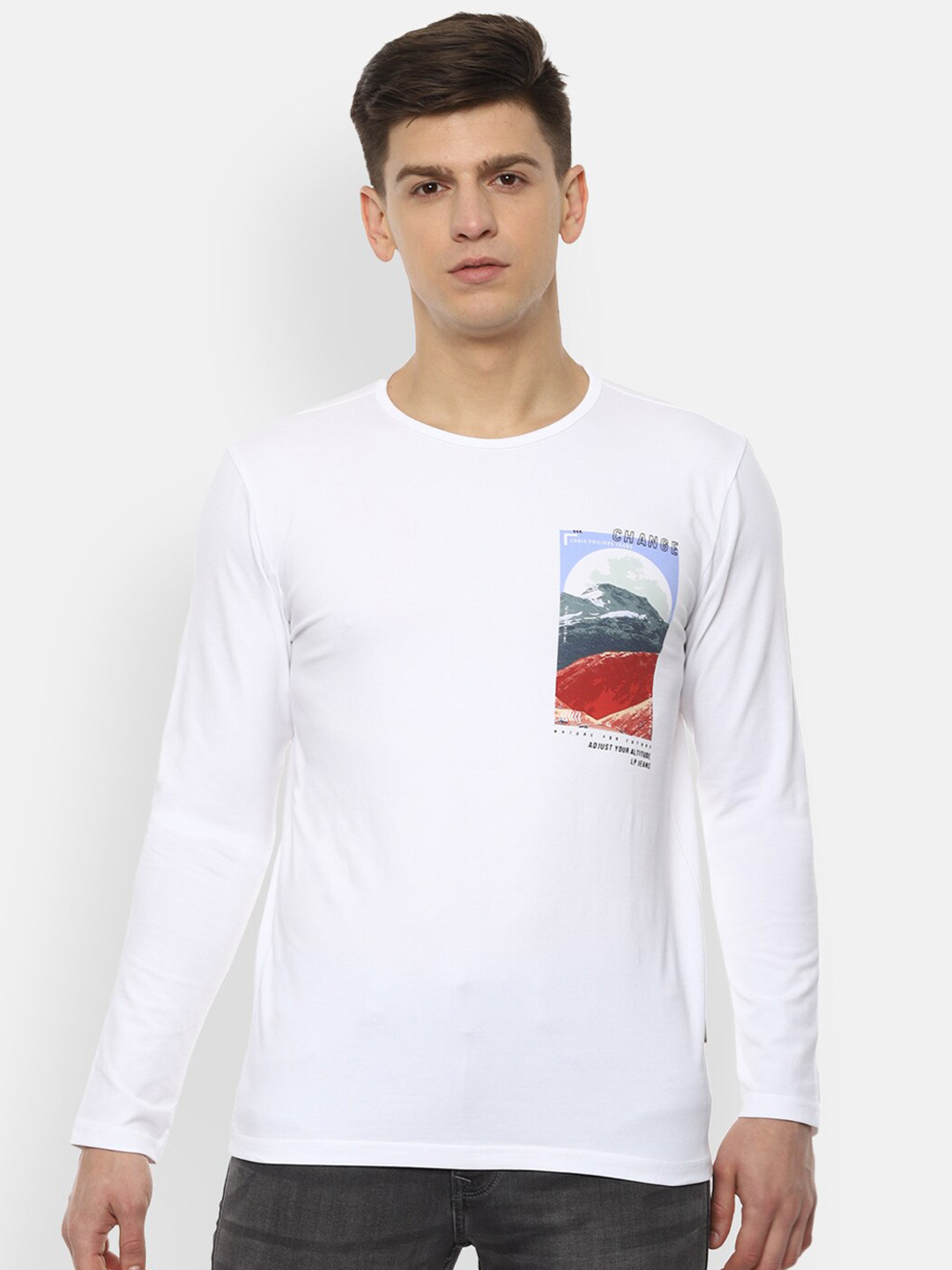 

Louis Philippe Jeans Men White Printed Round Neck Pure Cotton T-shirt