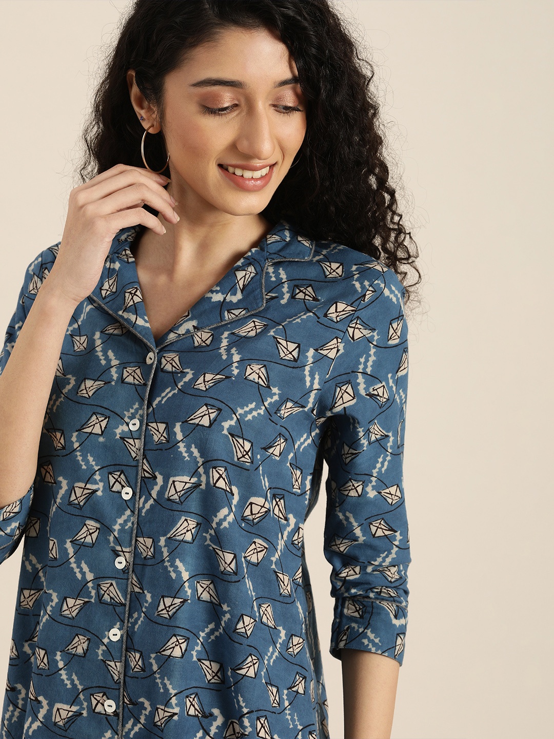 

Taavi Women Blue & Beige Indigo Hand Block Print Sustainable A-Line Dress