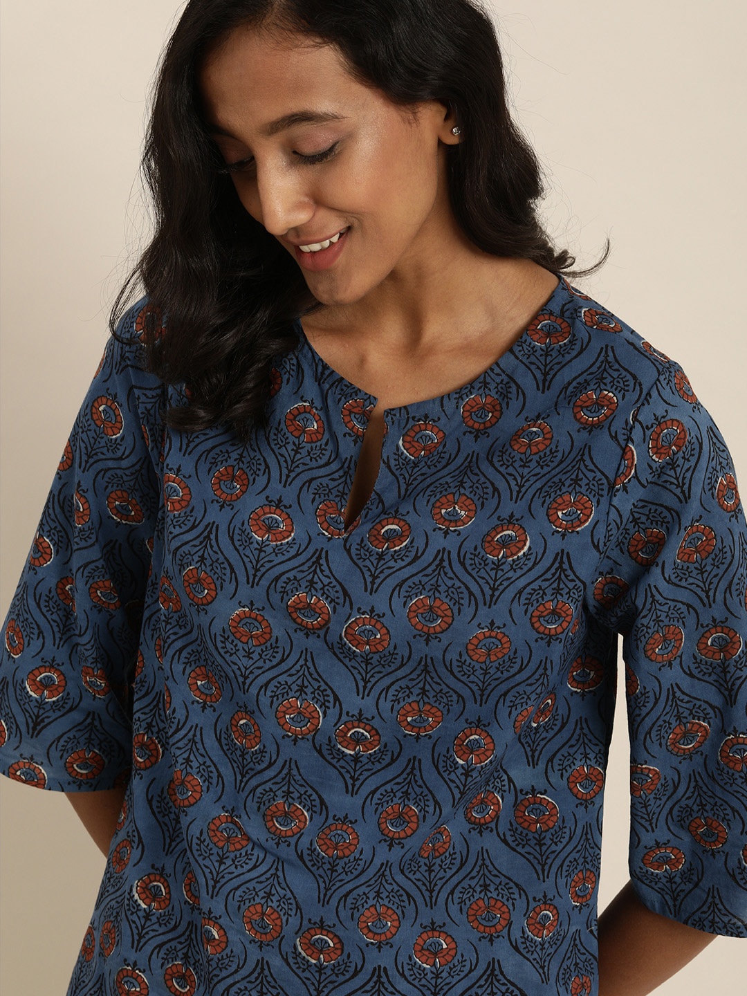 

Taavi Blue & Black Indigo Dyed & Hand Block Print Floral Lounge Top