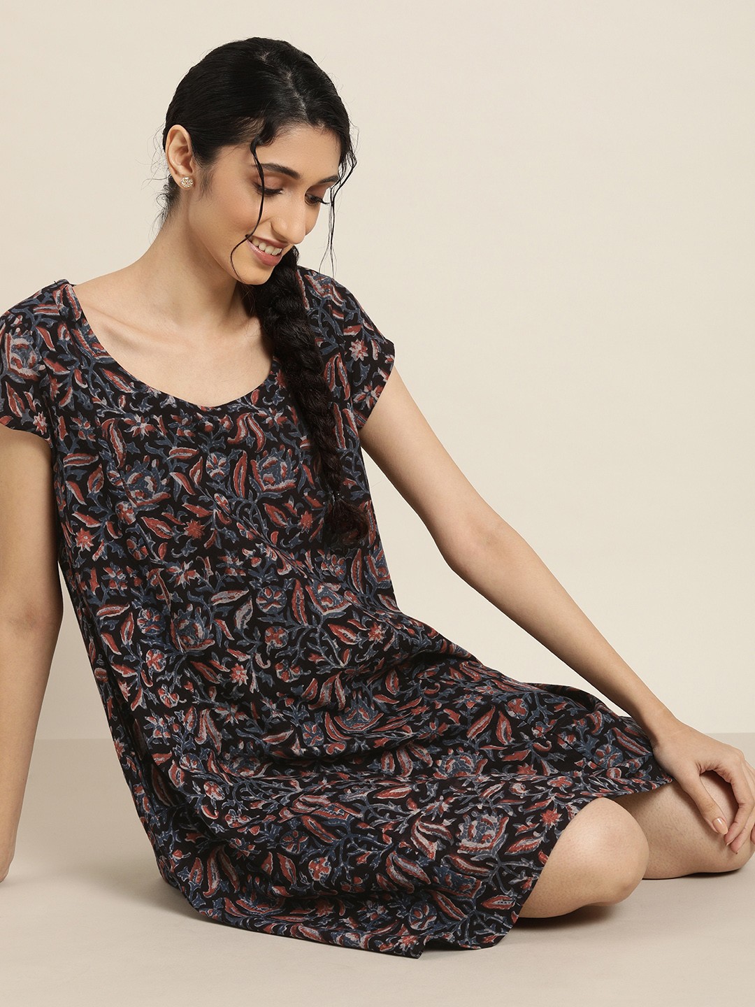 

Taavi Women Black & Navy Blue Block Print Legacy Sustainable A-Line Dress