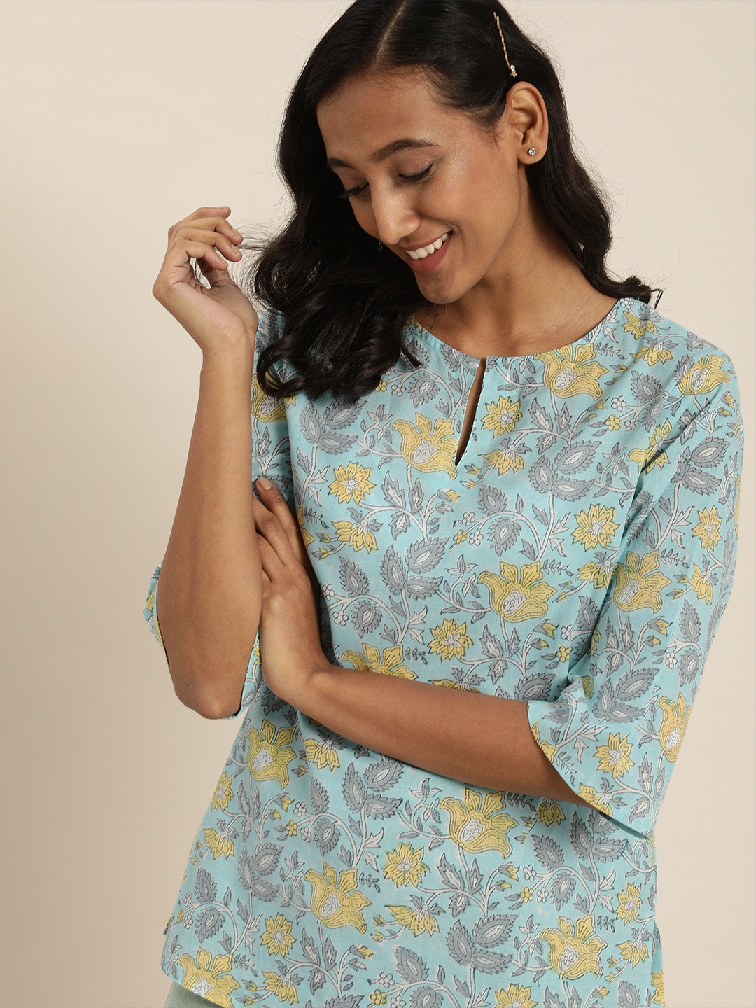 

Taavi Blue & Yellow Sanganeri Block Print Floral Top
