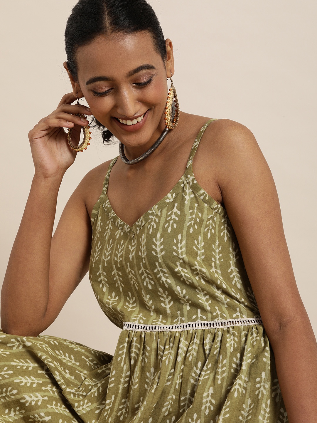 

Taavi Olive Green & Off White Block Print Legacy Sustainable Nightdress