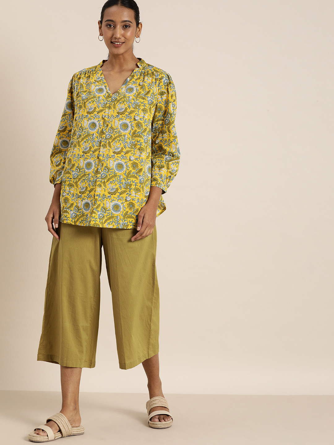 

Taavi Women Mustard & Olive Green Handblock Printed Night suit