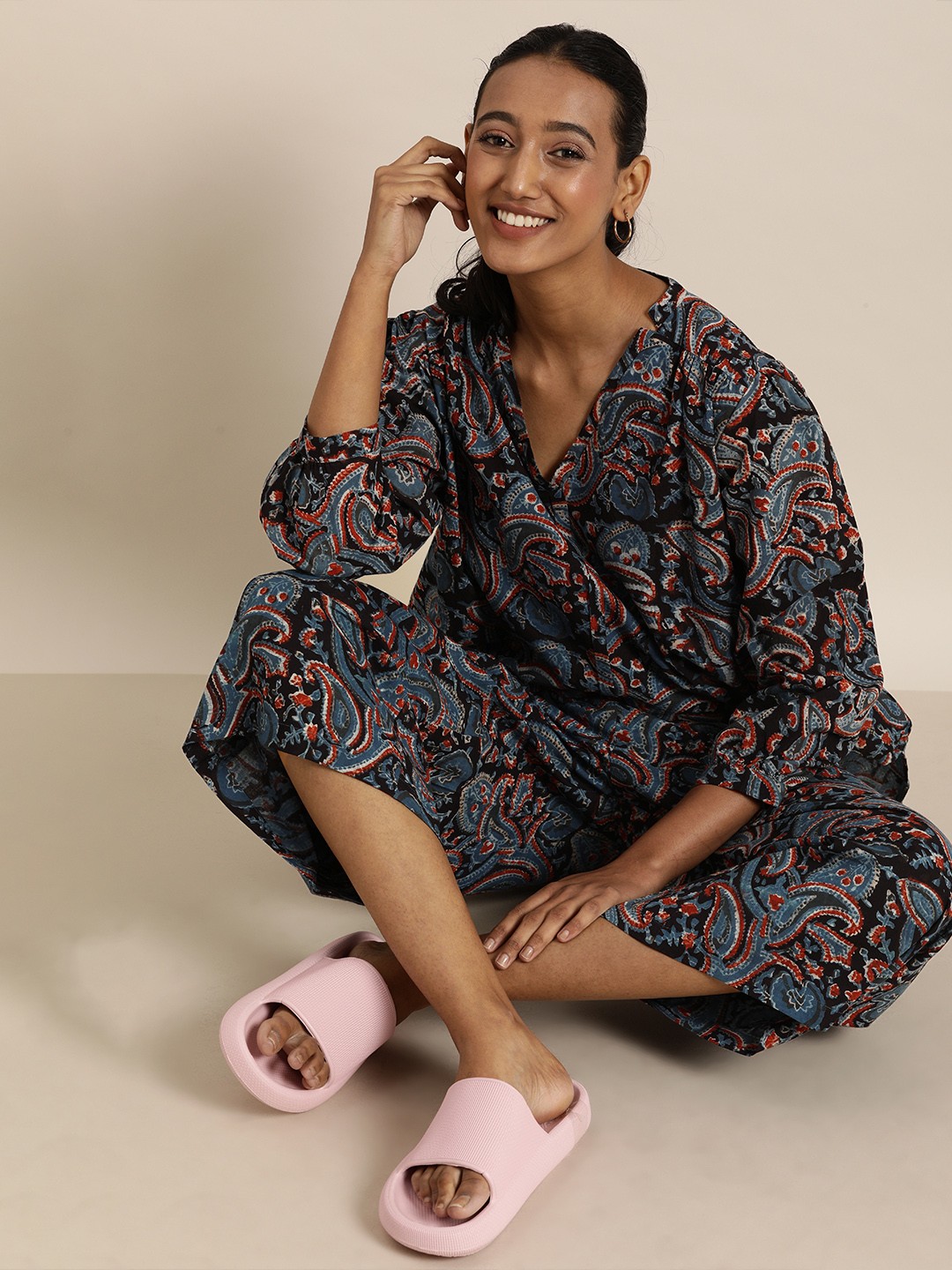 

Taavi Women Black & Blue Pure Cotton Hand Block Print Sustainable Night suit