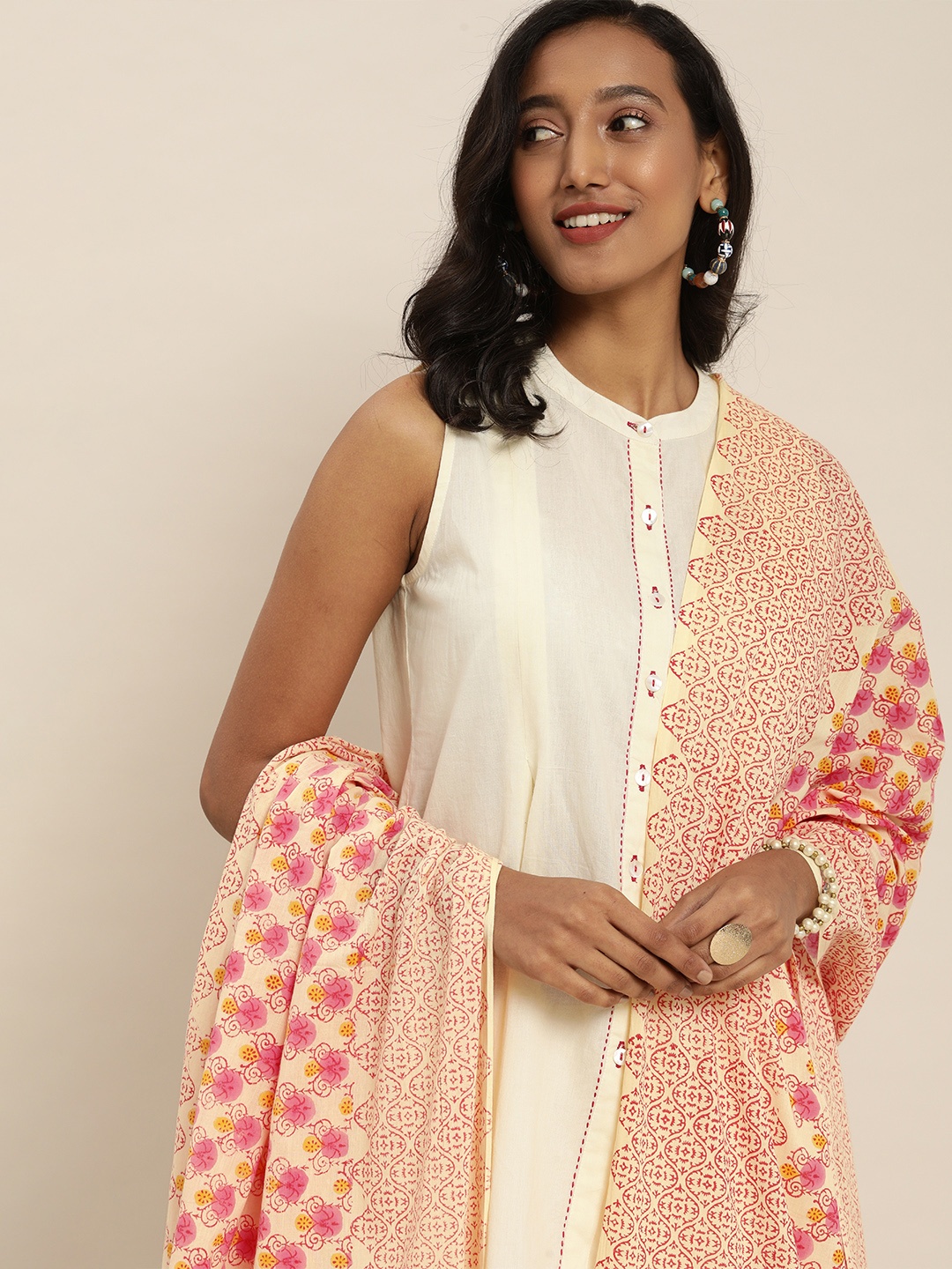 

Taavi Pink & Cream-Coloured Sanganeri Folk Pure Cotton Printed Dupatta