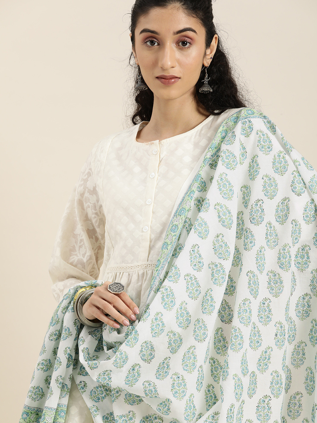 

Taavi Off White & Green Sanganeri Hand Block Print Pure Cotton Dupatta
