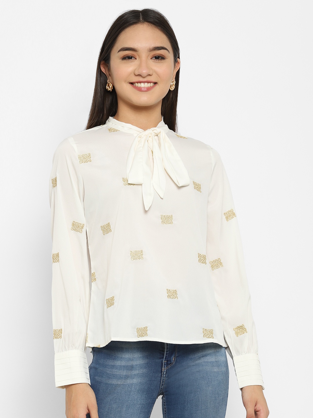 

HOUSE OF KKARMA Off White & Gold Ethnic Embroidered Tie-Up Neck Shirt Style Top