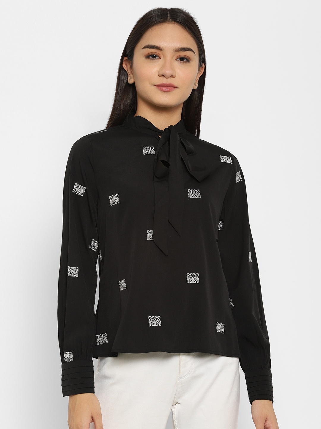 

HOUSE OF KKARMA Black & White Ethnic Embroidered Tie-Up Neck Crepe Regular Top