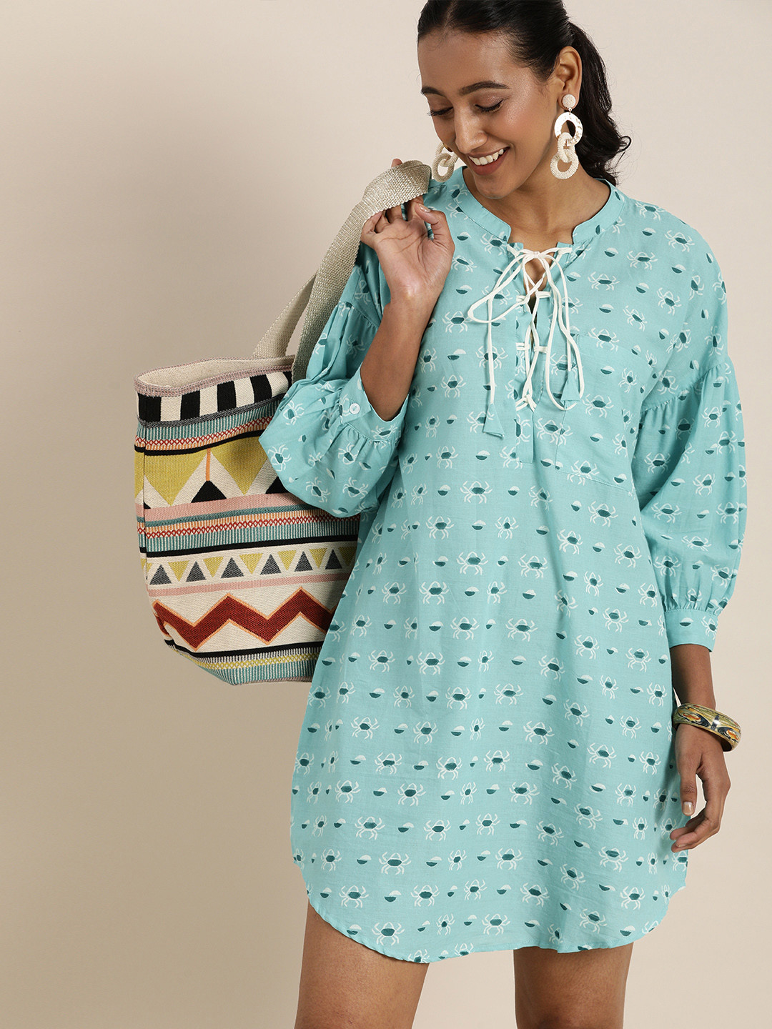 

Taavi Turquoise Blue Wild Tribe Printed Sustainable A-Line Dress