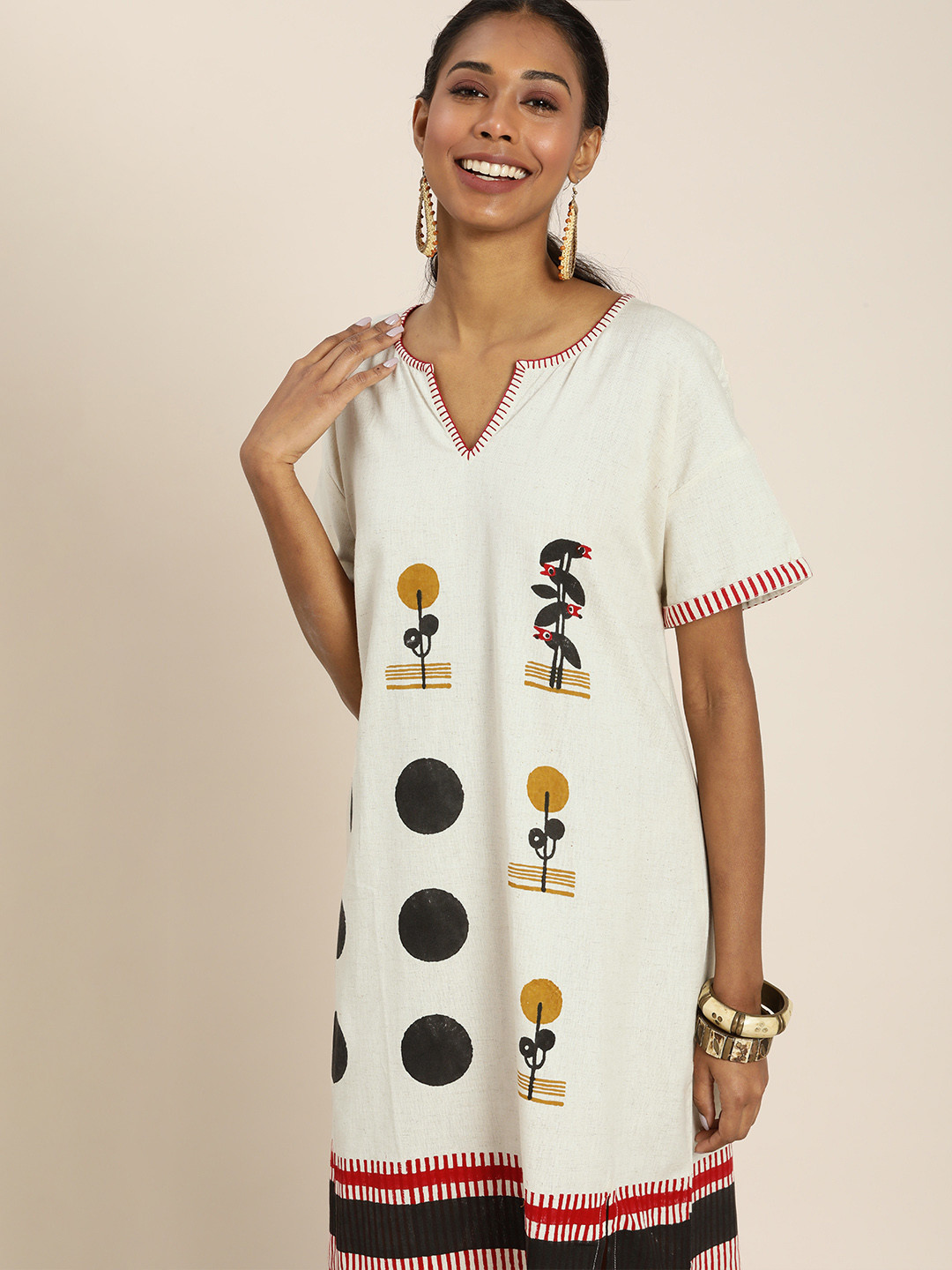 

Taavi Off White & Black Wild Tribe Printed Sustainable A-Line Dress with Thread Work