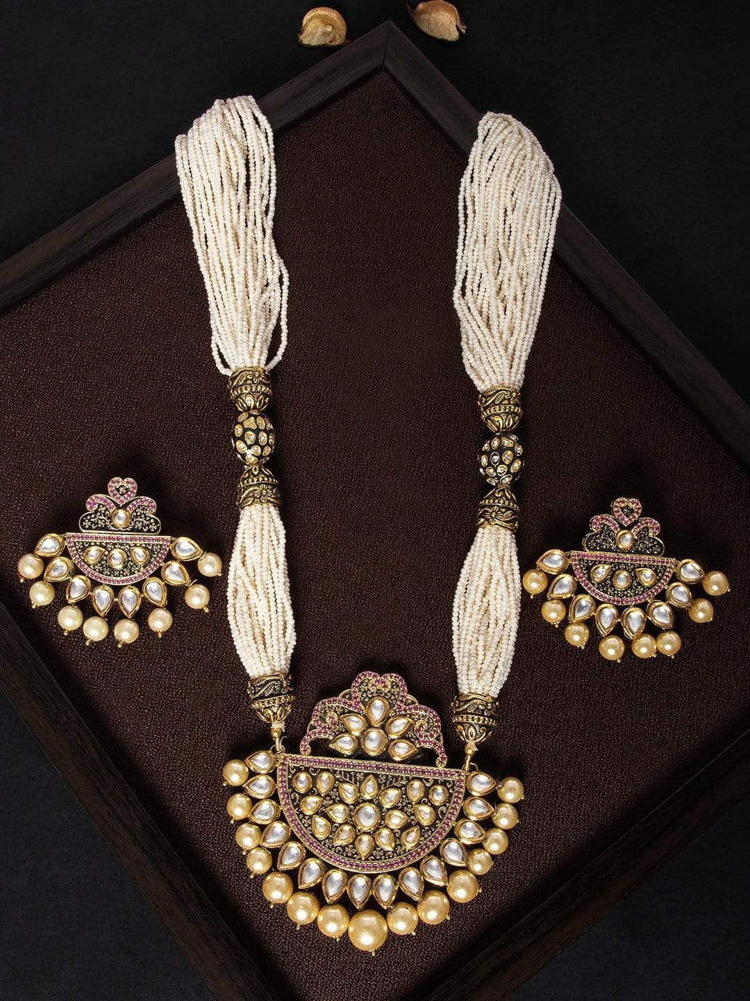 

Rubans Gold-Plated White Embellished Kundan Pearl Strand Handcrafted Jewellery Set