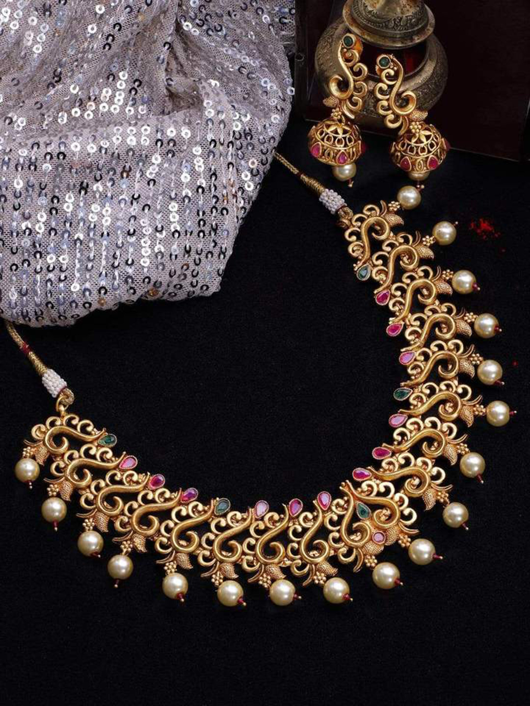 

Rubans 22K Gold-Plated Pink & Green Studded Handcrafted Traditional Jewellery Set