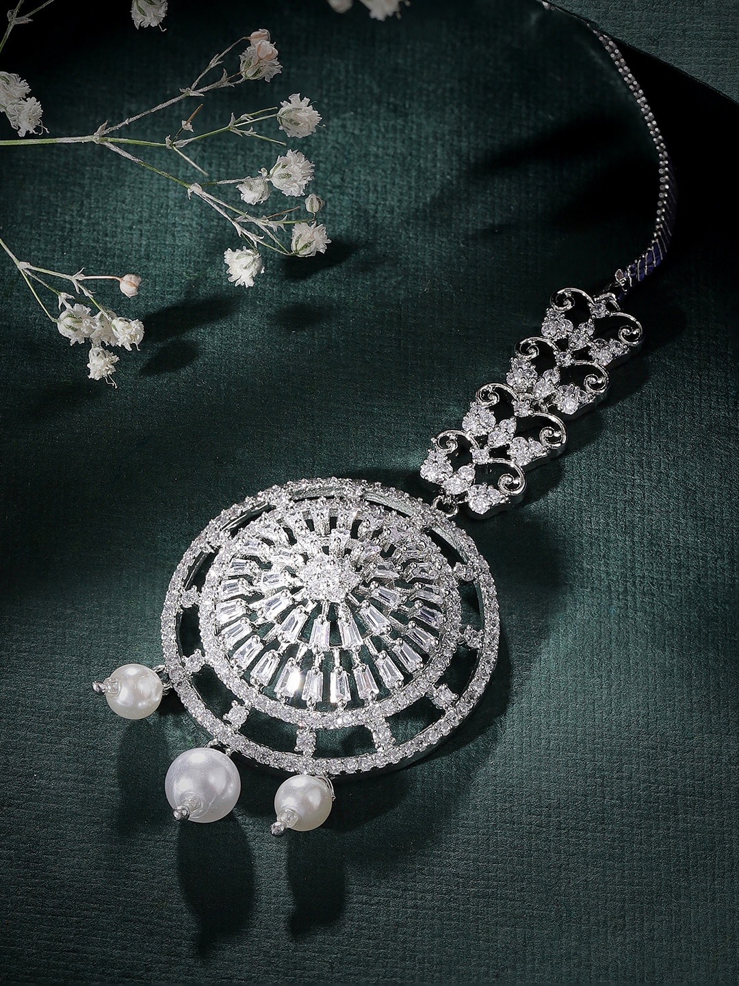 

Rubans Silver-Plated White CZ-Studded & Beaded Handcrafted Maang Tikka