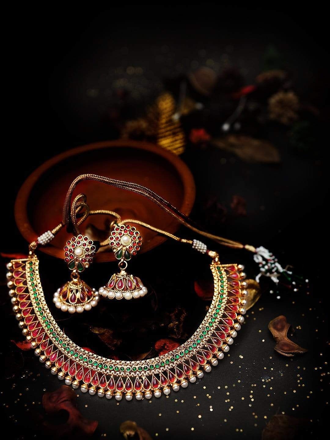 

Rubans Gold-Plated Pink & Green Ruby & Emerald-Studded & Beaded Handcrafted Jewellery Set