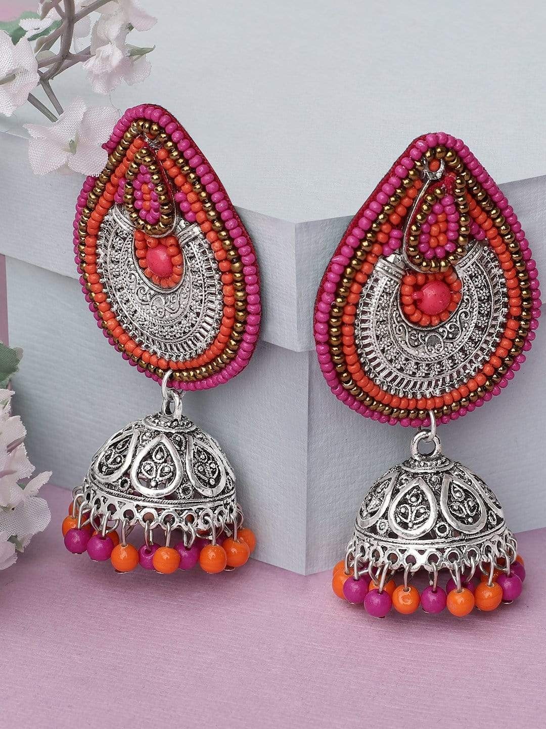 

Rubans Red Silver-Plated Handcrafted & Oxidised Stone Studded & Beaded Dome Shaped Jhumkas