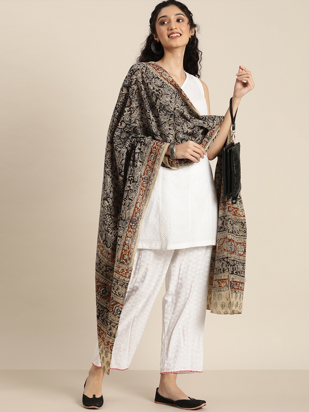 

Taavi Beige & Black Kalamkari Hand Block Print Pure Cotton Sustainable Dupatta