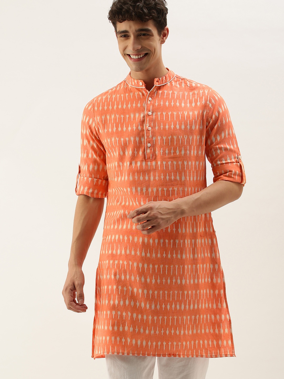 

Taavi Men Orange & Off White Ikat Woven Design Straight Sustainable Roll-Up Sleeve Kurta