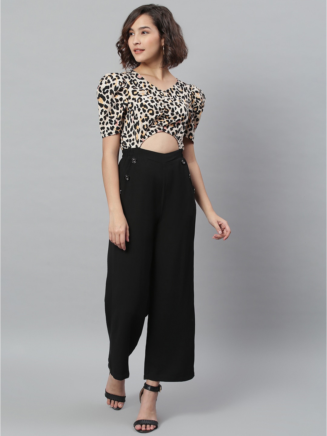 

KASSUALLY Women Black & Cream-Coloured Colourblocked Leopard Printed Basic Jumpsuit