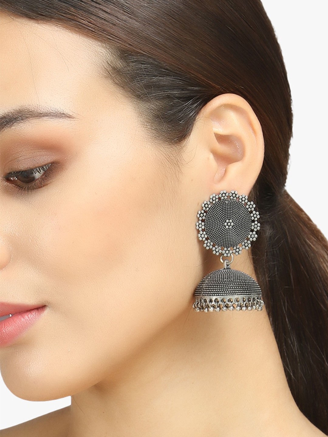 

Adwitiya Collection Silver-Plated Dome Shaped Jhumkas